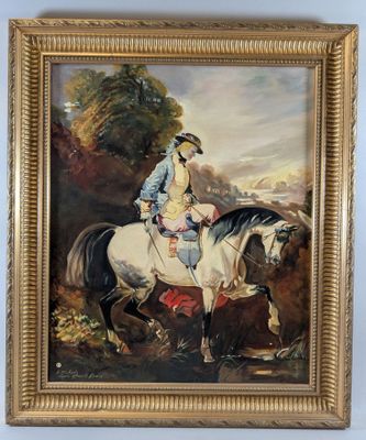 an oil painting of a man riding a horse in a landscape