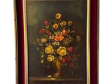 tableau représentant un vase de fleurs posé sur une table, dans un cadre rouge