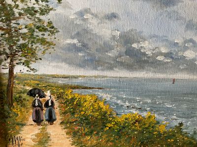a painting of two people walking on a path by the water