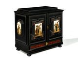 a black cabinet with two pictures on the doors