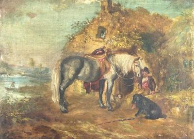 a painting of two horses and a dog in a field