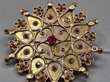 a close up of a gold broochle with a red stone in it