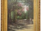 a painting of steps leading to a park with trees and flowers