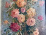 painting of roses in a vase on a table with a blue background