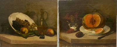 tableau représentant une nature morte composée de fruits et d'une assiette de fruits posée sur une table