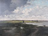 painting of a painting of a man and a dog by a river