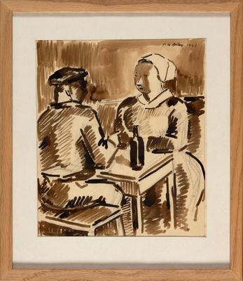 drawing of two women sitting at a table with a bottle of wine in front of them