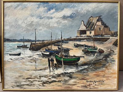 a painting of boats on the beach by the water
