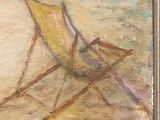 an oil painting of a beach chair on a sandy beach