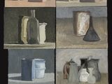 four different pictures of vases on a shelf