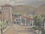 a painting of a town with a clock tower in the background