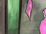 a painting of a pink vase on a window sill