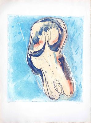 une peinture représentant la tête d'un chien sur fond bleu