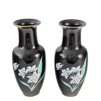 une paire de vases noirs ornés de fleurs peintes sur fond blanc