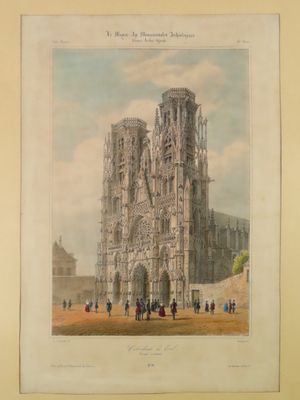 an old drawing of a cathedral with people walking around it