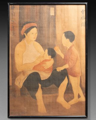 une image d'une peinture représentant une femme tenant un bébé et un enfant