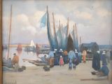 une peinture représentant un groupe de personnes sur la plage