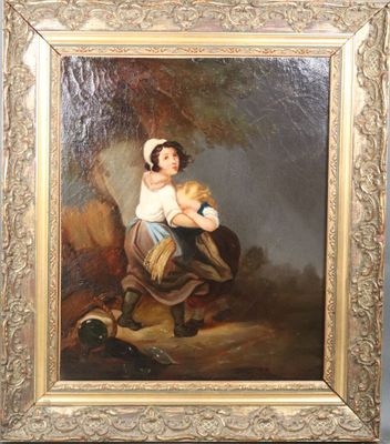 an oil painting of a young girl holding a baby in her arms