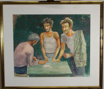 a painting of a group of men playing a game of checkers