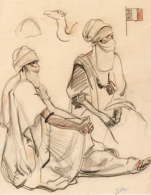 dessin représentant deux femmes assises par terre, avec un oiseau en arrière-plan