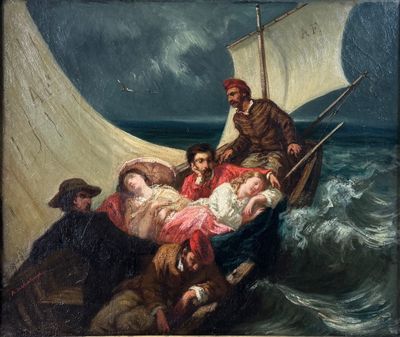 painting of a group of people in a boat on a body of water