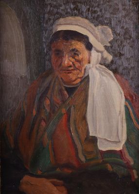peinture d'une vieille femme portant une coiffe blanche, assise devant un mur de pierre