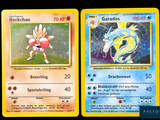 two pokemon cards are shown on a black background, one is yellow and the other is blue
