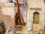 un tableau représentant une femme et un enfant devant un immeuble