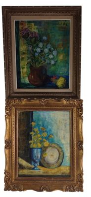 two paintings of flowers in a vase and a bowl of fruit on a table