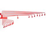 a close up of a bunch of red wires connected to a wall