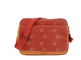 an image of a small red and yellow bag with a cat pattern on it