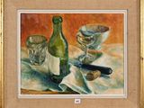 tableau représentant une nature morte avec une bouteille de vin et un verre à vin