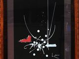 tableau encadré représentant un oiseau rouge perché sur une branche d'arbre
