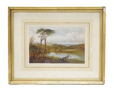 a painting of a landscape with a river and trees