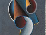 an image of a painting of a blue, yellow, and red object