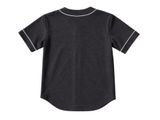 a little boy wearing a black shirt with white pips