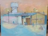 une peinture représentant un bâtiment avec un château d'eau en arrière-plan