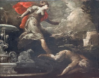 une image représentant un tableau où l'on voit une femme vêtue d'une cape rouge qui vole au-dessus d'un chien