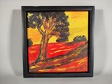 une peinture à l'huile représentant un arbre dans un champ, avec un ciel jaune