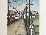 dessin représentant une rue avec, en arrière-plan, des lignes électriques et des poteaux téléphoniques