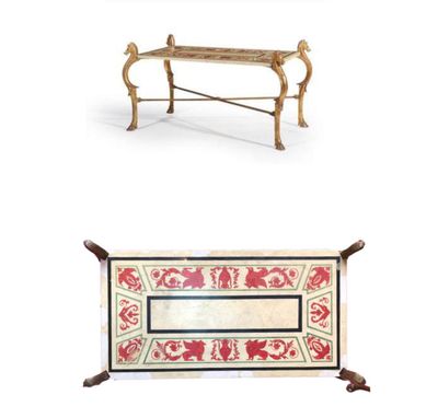 trois types de mobilier différents, à savoir une table, un banc et un tapis