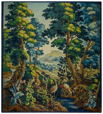 un tableau représentant une scène de forêt avec un ruisseau et des arbres