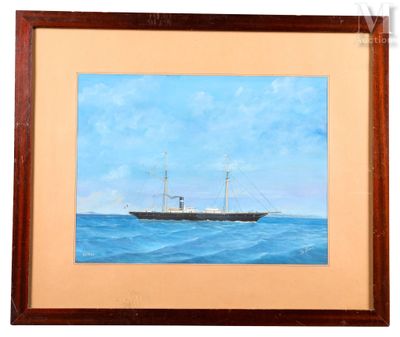 tableau à l'huile encadré représentant un bateau en mer par une journée ensoleillée