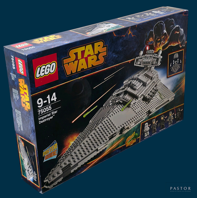 une boîte contenant des sets Lego Star Wars sur fond bleu