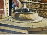 a painting of a water fountain with a bird on it