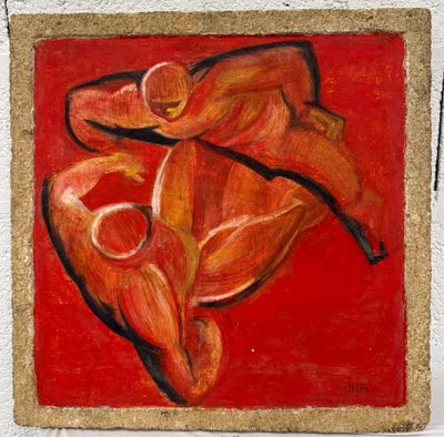 une image représentant un tableau où figurent un homme et une femme sur fond rouge