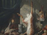 a painting of a cat standing on its hind legs on a table