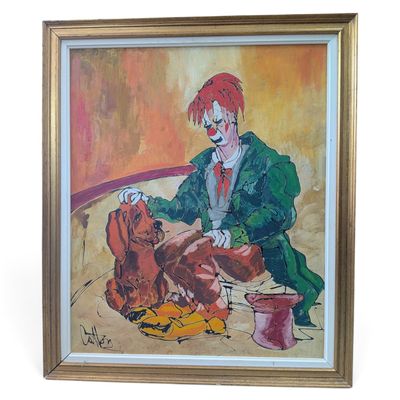 painting of a clown and a dog in a room