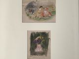 two paintings of a woman and a child in a vase