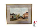 an image of a painting of a street scene with houses and cars